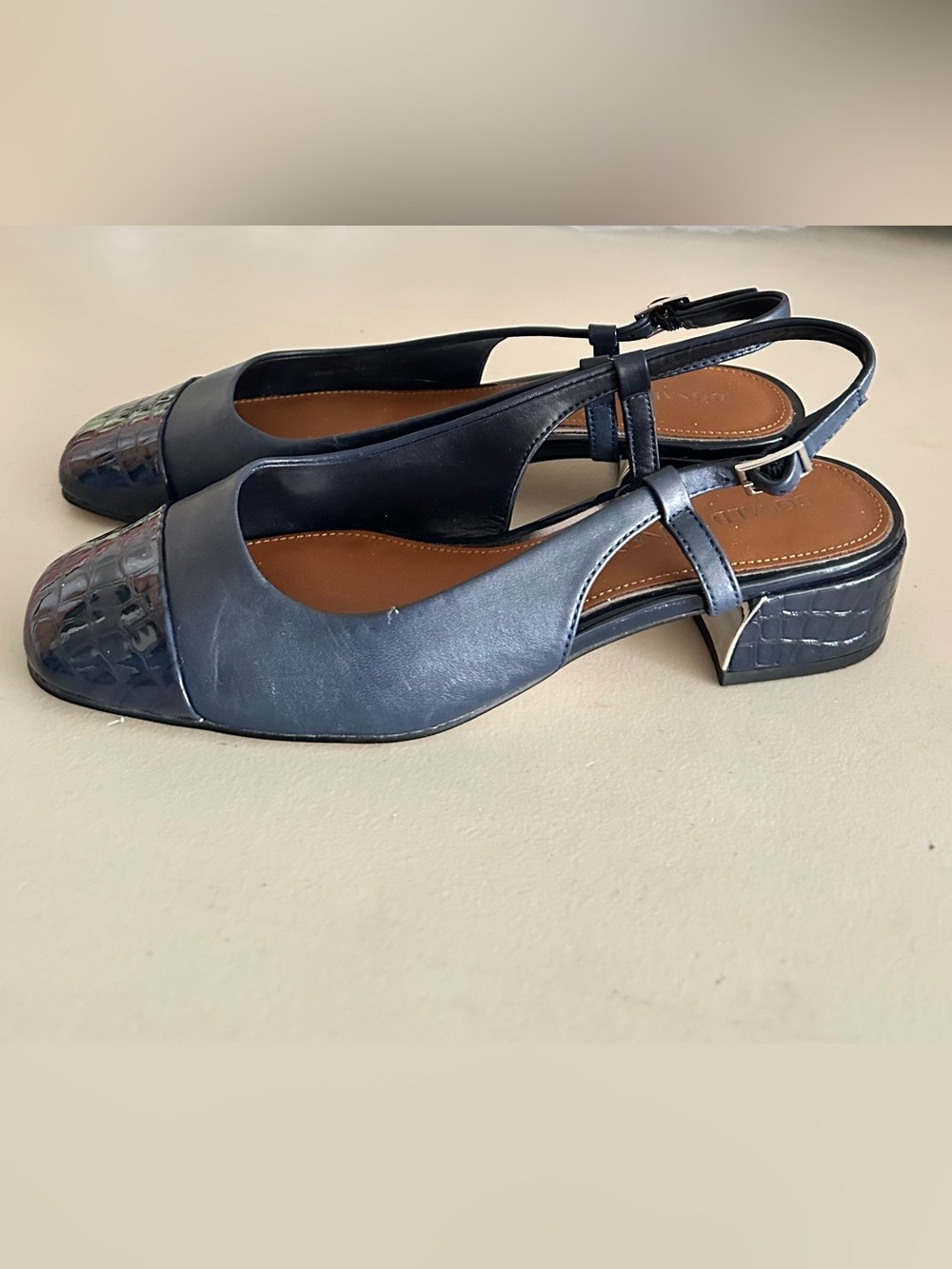 Donald Pliner "Davina" Leather & Croc Slingback Block Heel Shoes|Navy Blue~7.5